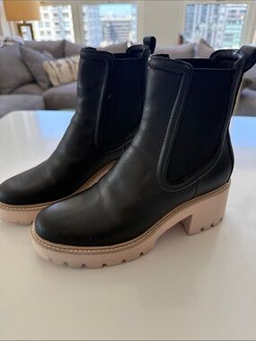 Dolce Vita Black Leather Chelsea Platform Boots with Taupe Lug Sole